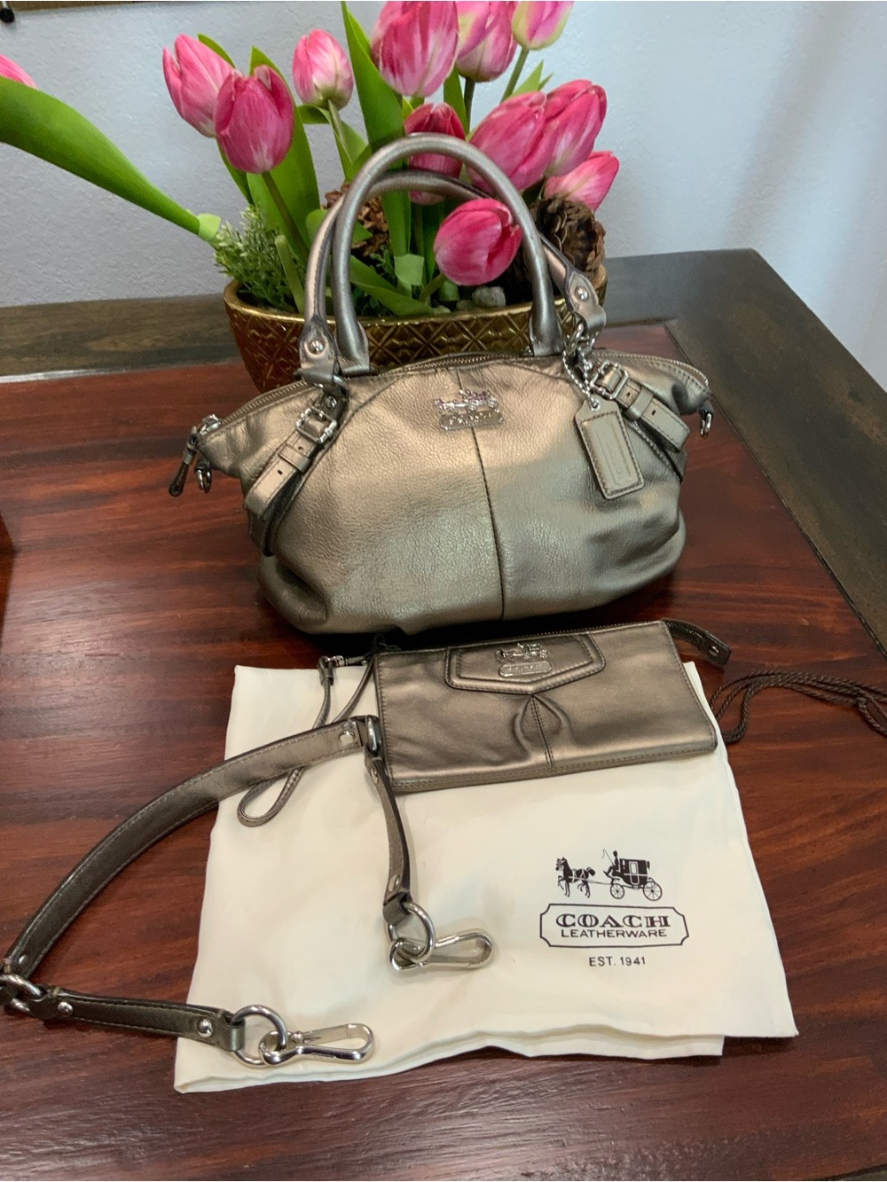 Coach Metallic Pewter Leather Satchel with Wristlet